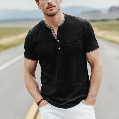 Ulysses | Men'S Spring And Summer Classic Casual Henley Collar Striped Textured Fabric Slim Fit Short Sleeve T-Shirt
