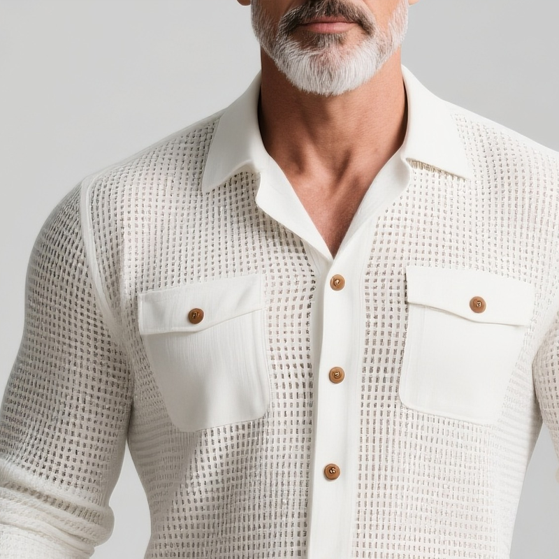 Quintin | Men'S Solid Hollow Out Fabric Lapel Long Sleeve Shirt