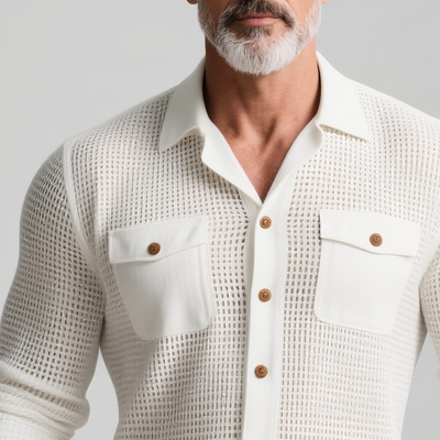 Quintin | Men'S Solid Hollow Out Fabric Lapel Long Sleeve Shirt