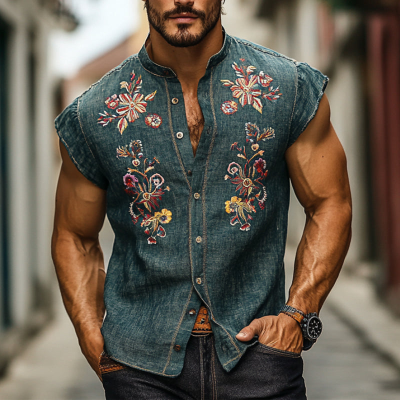 Cesar | Men'S Casual Cotton And Linen Embroidered Small Flying Sleeve Lapel Shirt