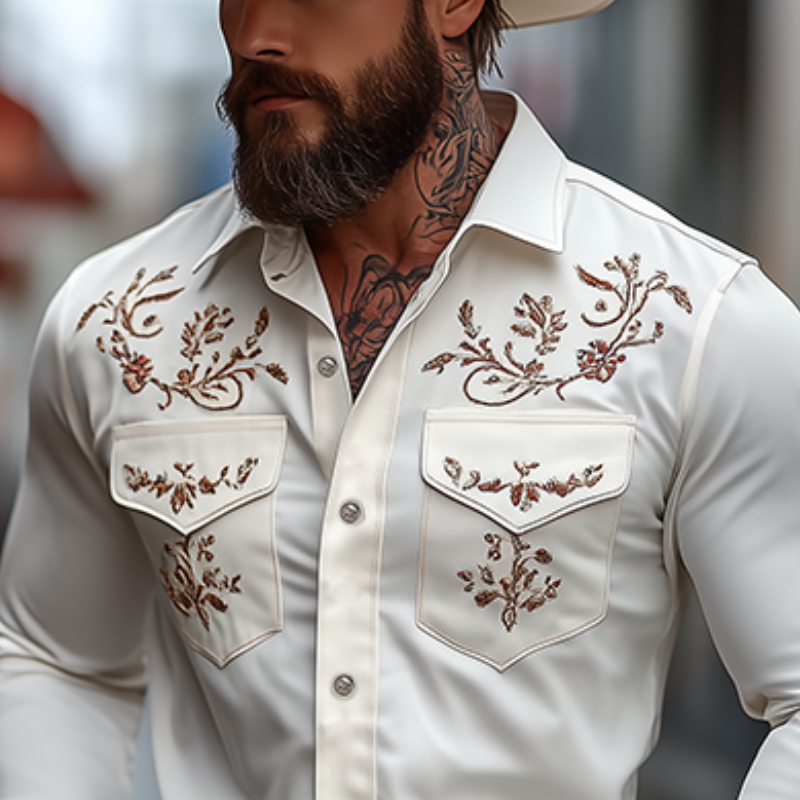 Men's Classic American Western Style Embroidered SliFit Cotn Long Sleeve Shirt