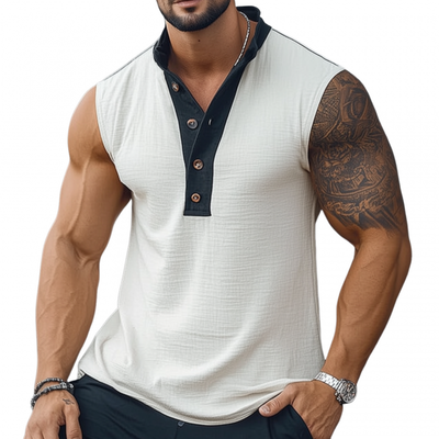 Charles | Men'S Casual Breathable Colorblock Cotton Linen Button Stand Collar Pullover Loose Tank Top