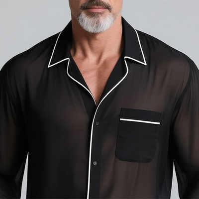 Brian | Men'S Black Chiffon White Trim Lapel Single-Breasted Long-Sleeved Shirt