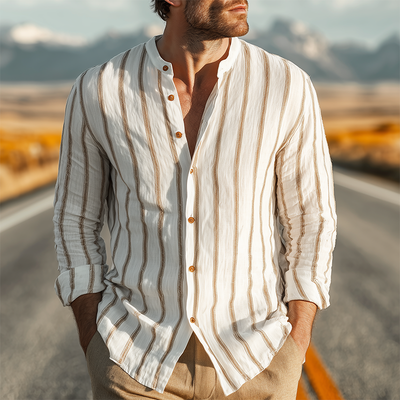 Vaughn | Men'S Spring And Summer Classic Casual Stand-Up Collar Tencel Cotton Blend Vertical Striped Long-Sleeved Shirt