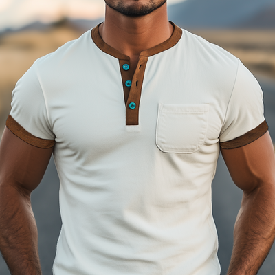 Roscoe | Men'S Spring And Summer Casual Henley Collar Thin Suede Splicing Slim Short Sleeve T-Shirt