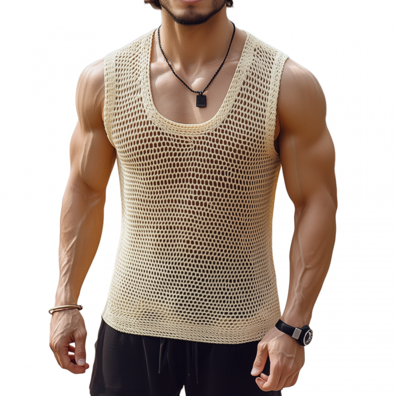 Daniel | Men'S Casual Breathable Cotton Blended U-Neck Hollow Knitted Tank Top