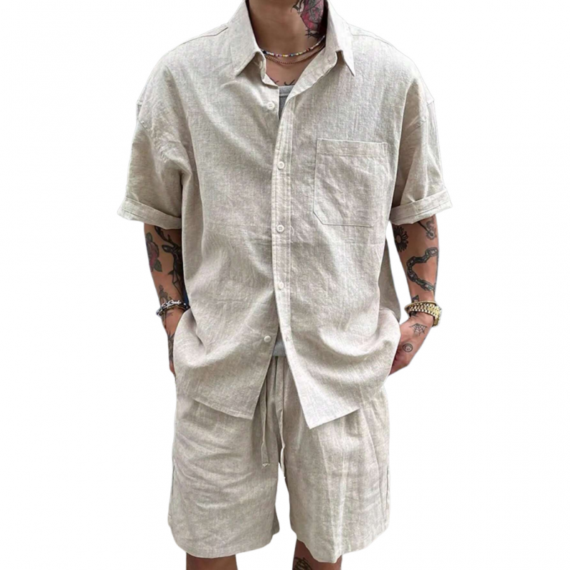 Claudio | Men'S Casual Breathable Linen Lapel Patch Pocket Loose Short Sleeve Shirt Elastic Waist Shorts Holiday Set