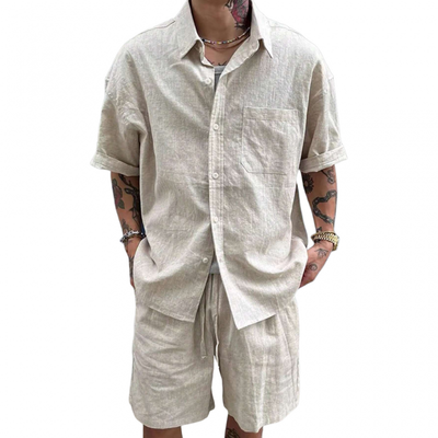 Claudio | Men'S Casual Breathable Linen Lapel Patch Pocket Loose Short Sleeve Shirt Elastic Waist Shorts Holiday Set