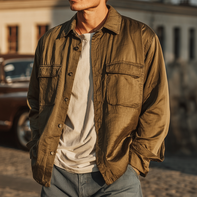 Alan | Men'S Casual Solid Color Tencel Blended Lapel Flap Pocket Loose Long Sleeve Shirt