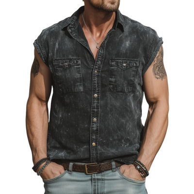 Colin | Men'S Casual Outdoor Denim Washed Distressed Lapel Chest Pocket Slim Fit Sleeveless Shirt