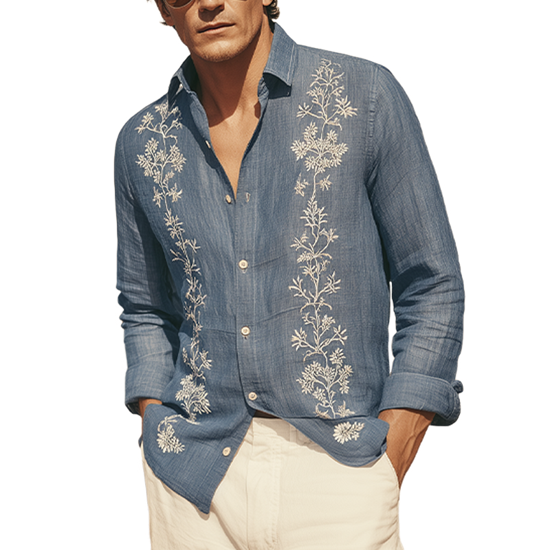 Antoine | Men'S Spring And Summer Retro Exquisite Embroidered Tencel Cotton Lapel Long-Sleeved Shirt