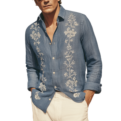 Antoine | Men'S Spring And Summer Retro Exquisite Embroidered Tencel Cotton Lapel Long-Sleeved Shirt