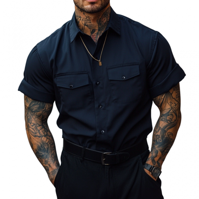 Eddie | Men'S Casual Breathable Cotton Lapel Chest Pocket Loose Short Sleeve Work Shirt
