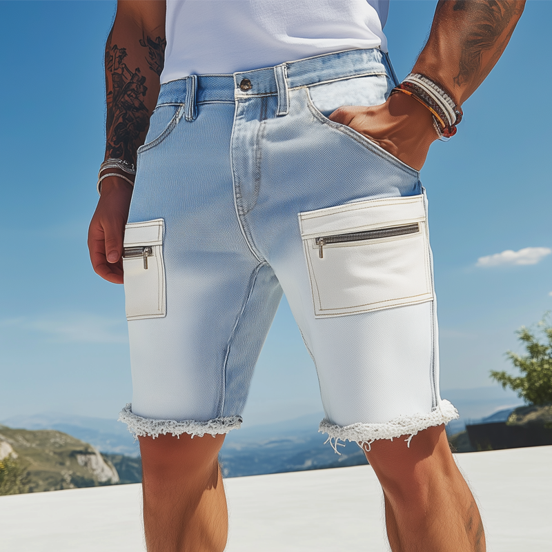 Virgil | Men'S Summer Fashion Washed Gradient Raw Edge Denim Shorts