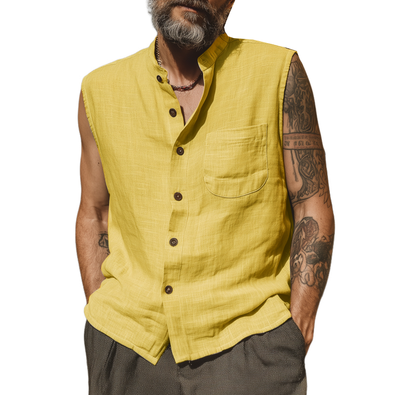 Terrance | Men'S Casual Breathable Linen Stand Collar Patch Pocket Loose Sleeveless Shirt