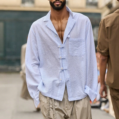 Raul | Men'S Bubble Textured Striped Lapel Long Sleeve Shirt