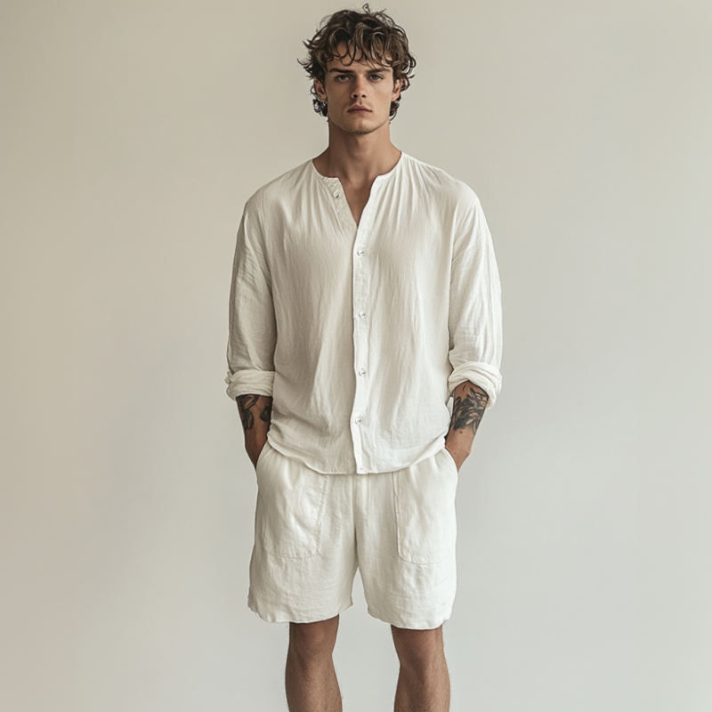 Arturo | Men'S Casual Breathable Solid Color Cotton Linen Loose Long Sleeve Shirt Elastic Waist Shorts Set