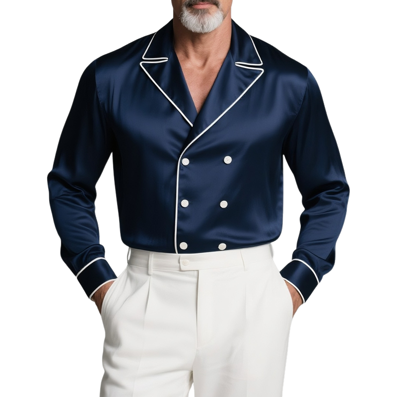 Jerry | Men'S White Trim Lapel Double Breasted Long Sleeve Satin Shirt