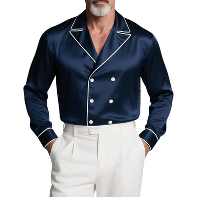 Jerry | Men'S White Trim Lapel Double Breasted Long Sleeve Satin Shirt