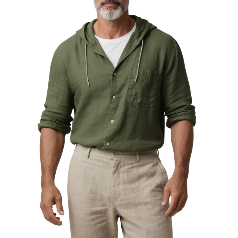 Albert | Men'S Solid Cotton And Linen Hooded Long Sleeve Shirt