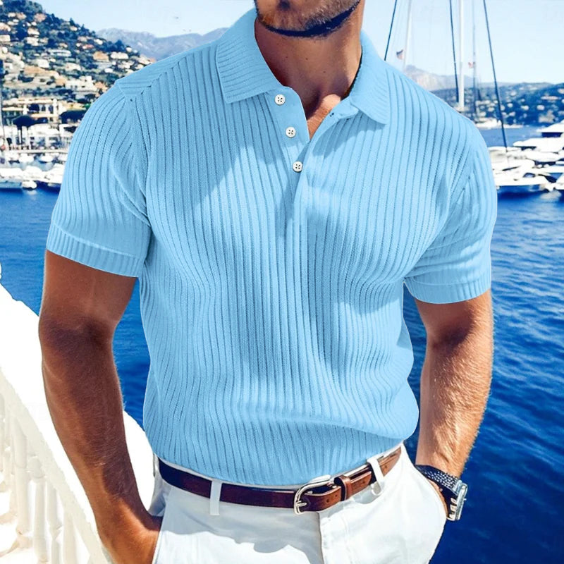 Men's Casal Solid Color Softnit Lapel SliShort Sleeve Polo Shirt SweaterM