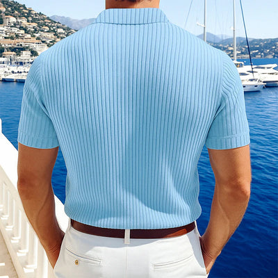 Men's Casal Solid Color Softnit Lapel SliShort Sleeve Polo Shirt SweaterM