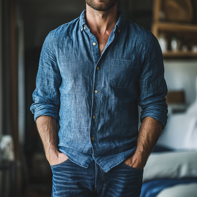Warren | Men'S Casual Breathable Linen Lapel Patch Pocket Slim Fit Long Sleeve Shirt