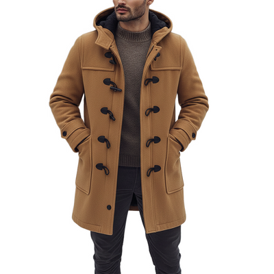 Men's Solid Color Fax Wool Blend Hoodedid-Length Coat