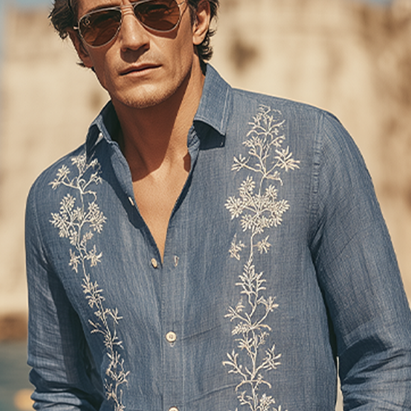 Antoine | Men'S Spring And Summer Retro Exquisite Embroidered Tencel Cotton Lapel Long-Sleeved Shirt
