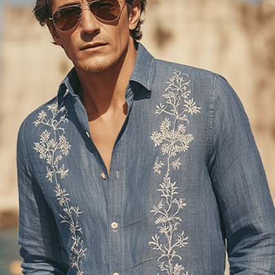Antoine | Men'S Spring And Summer Retro Exquisite Embroidered Tencel Cotton Lapel Long-Sleeved Shirt