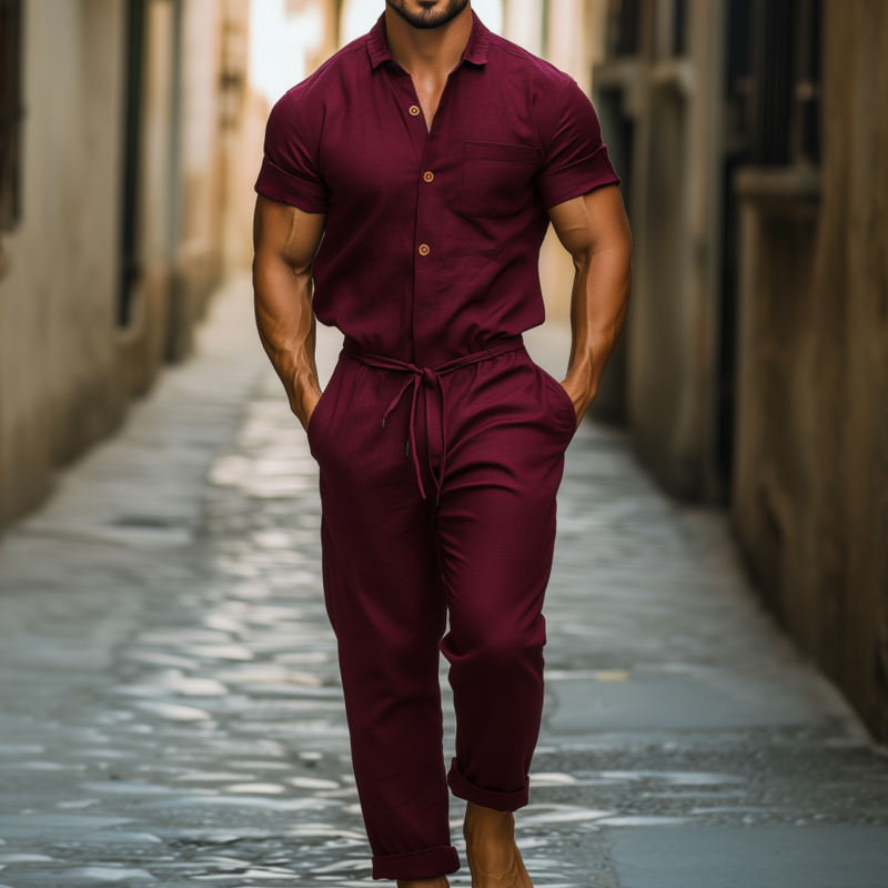 Craig | Men'S Casual Breathable Cotton And Linen Lapel Patch Pocket Short-Sleeved Pants Jumpsuit