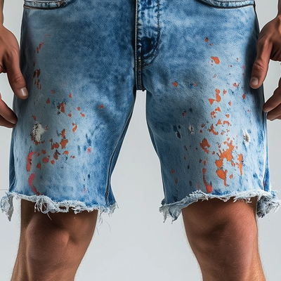 Johnny | Men'S Spring And Summer Fashion Casual Washed Denim Colorful Ink-Splashed Hem Shorts