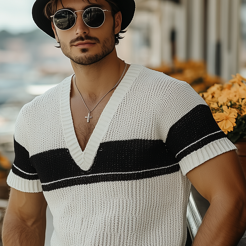 Matthew | Men'S Summer Fashion Casual V-Neck Black And White Horizontal Striped Knitted Short Sleeve T-Shirt