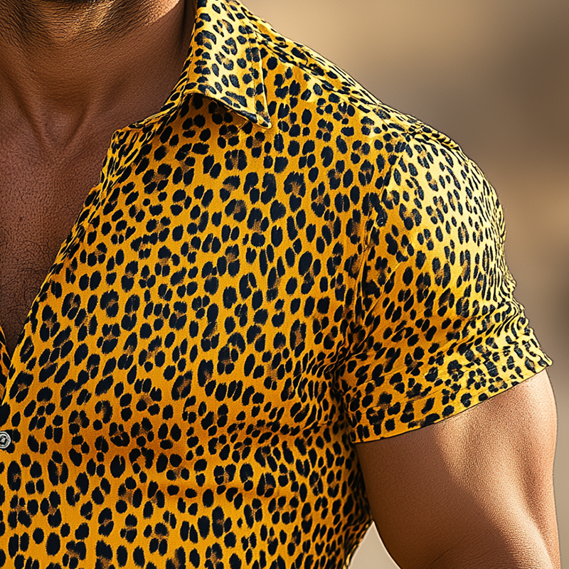 Fidel | Men'S Summer Leopard Print Cotton Blended Elastic Short Sleeve Polo Shirt
