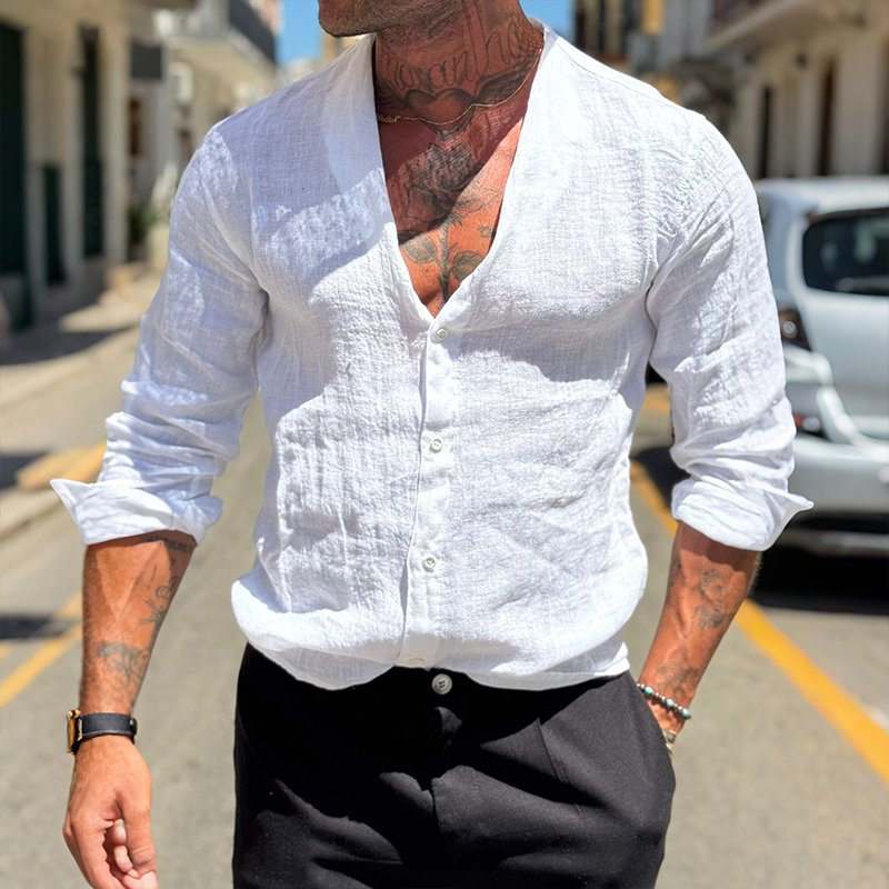 Clayton | Men'S Retro Casual Solid Color Linen Collarless Long Sleeve Shirt