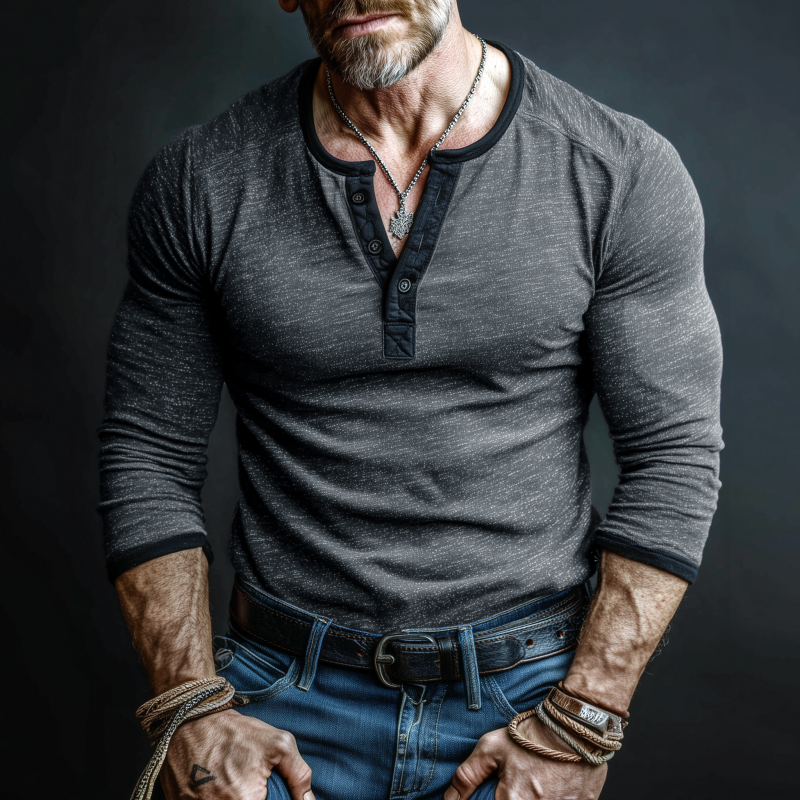 Roberto | Men'S Casual Cotton Contrast Color Patchwork Henry Collar Slim Fit Long Sleeve T-Shirt