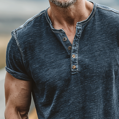 Max | Men'S Summer Casual Cotton Blend Washed Distressed Collar Stitching Denim Henry Collar Short-Sleeved T-Shirt