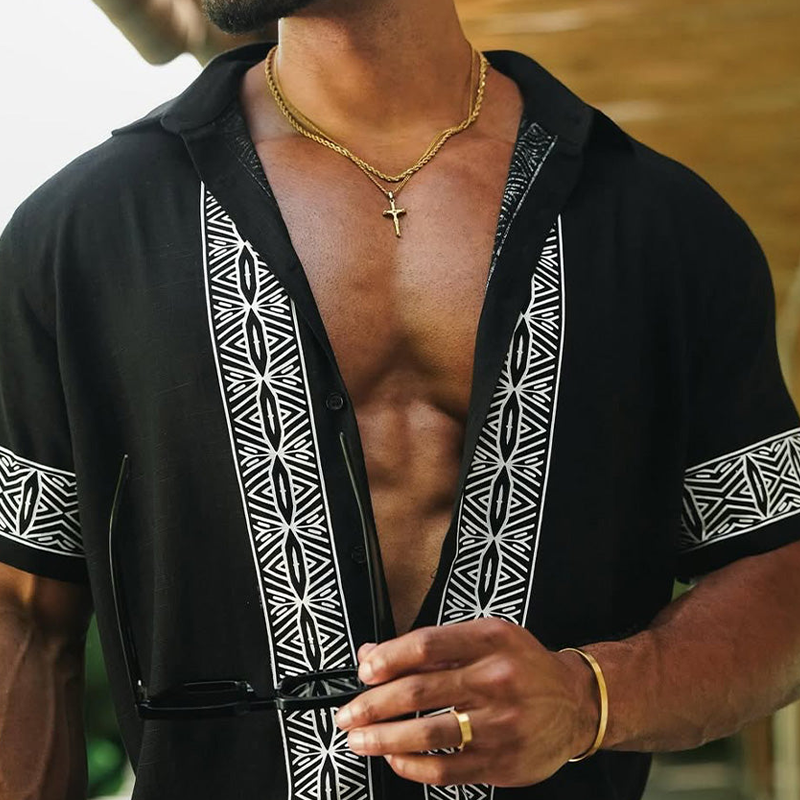 Milton | Men'S Summer Casual Cotton And Linen Printed Lapel Short-Sleeved Shirt