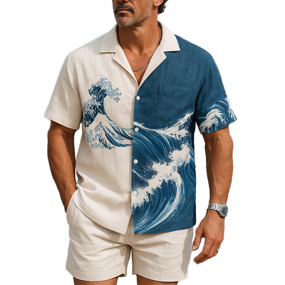 Edgar | Men'S Summer Fashion Wave Printed Cotton And Linen Short Sleeve Shirt