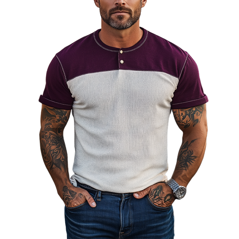 Fidel | Men'S Spring And Summer Casual Cotton Blend Splicing Waffle Henry Collar Short Sleeve T-Shirt