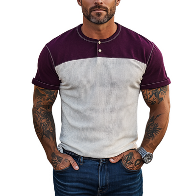 Fidel | Men'S Spring And Summer Casual Cotton Blend Splicing Waffle Henry Collar Short Sleeve T-Shirt