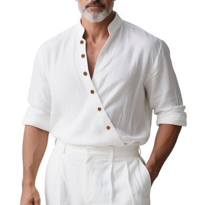Roman | Men'S Solid Color Cotton And Linen Slanted Placket Long Sleeve Shirt
