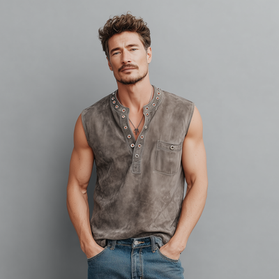 Theo | Men'S Spring And Summer Casual Thin Suede Henry Collar Decorated Rivet Slim Fit Tank Top