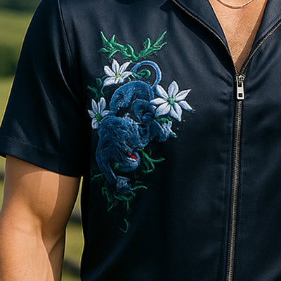 Jorge | Men'S Summer Fashion Satin Embroidery Short Sleeve Zipper Shirt