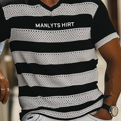 Max | Men'S Summer Fashion Casual V-Neck Knitted Black And White Horizontal Stripes Letter Embroidered Short-Sleeved T-Shirt