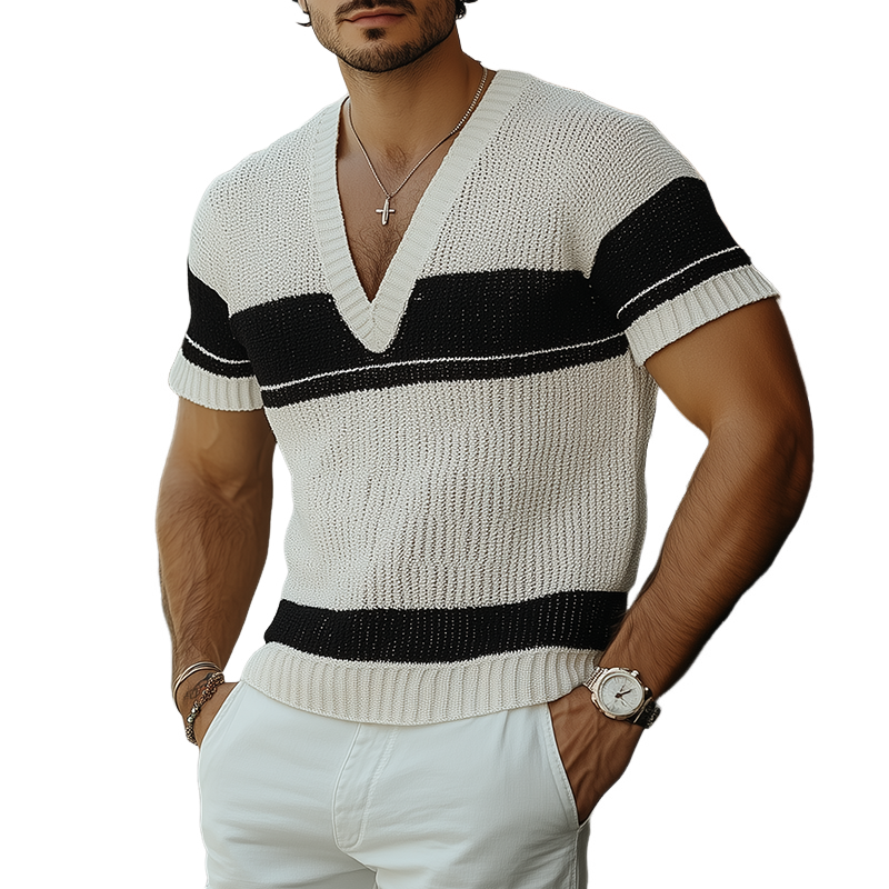Matthew | Men'S Summer Fashion Casual V-Neck Black And White Horizontal Striped Knitted Short Sleeve T-Shirt