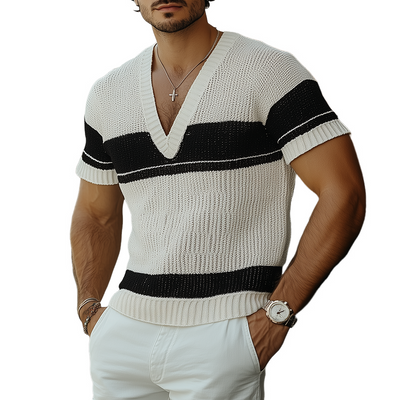 Matthew | Men'S Summer Fashion Casual V-Neck Black And White Horizontal Striped Knitted Short Sleeve T-Shirt