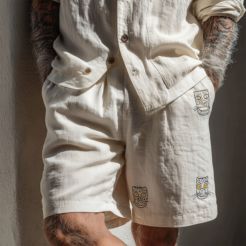 Nelson | Men'S Summer Fashion Cat Embroidery Slub Cotton Casual Shorts