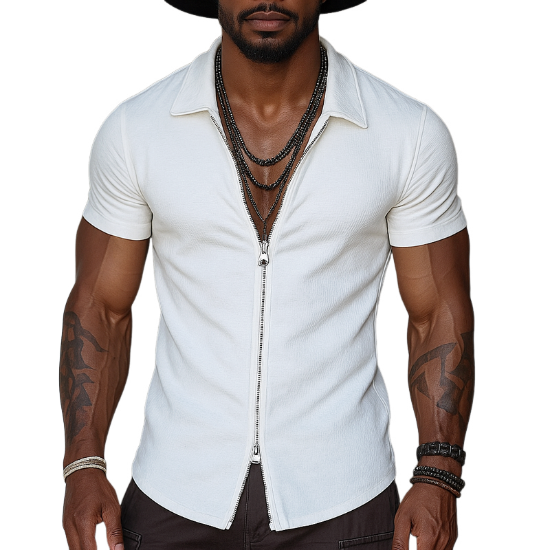 Sterling | Men'S Solid Zipper Lapel Short Sleeve Shirt