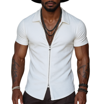 Sterling | Men'S Solid Zipper Lapel Short Sleeve Shirt